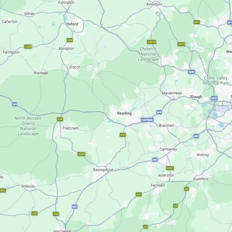 LK Roofing - Map showing areas we cover, including Berkshire, Oxfordshire, Surrey and Hampshire